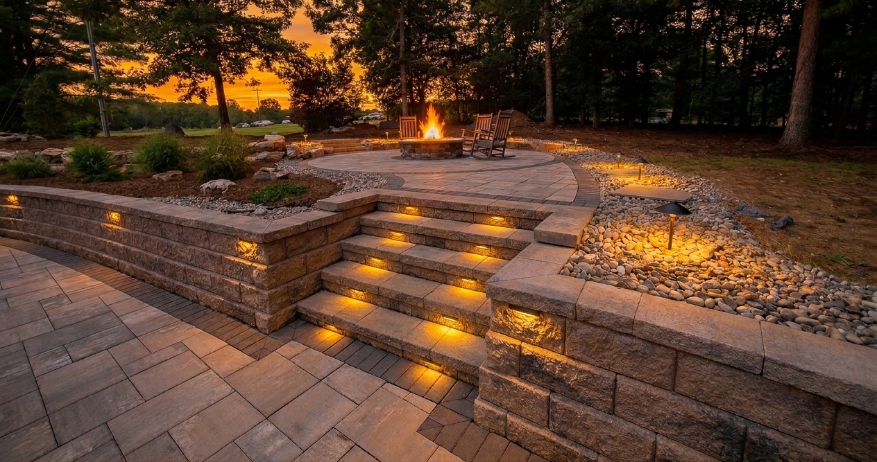 Tiered retaining wall with integrated steps and lighting at sunset
